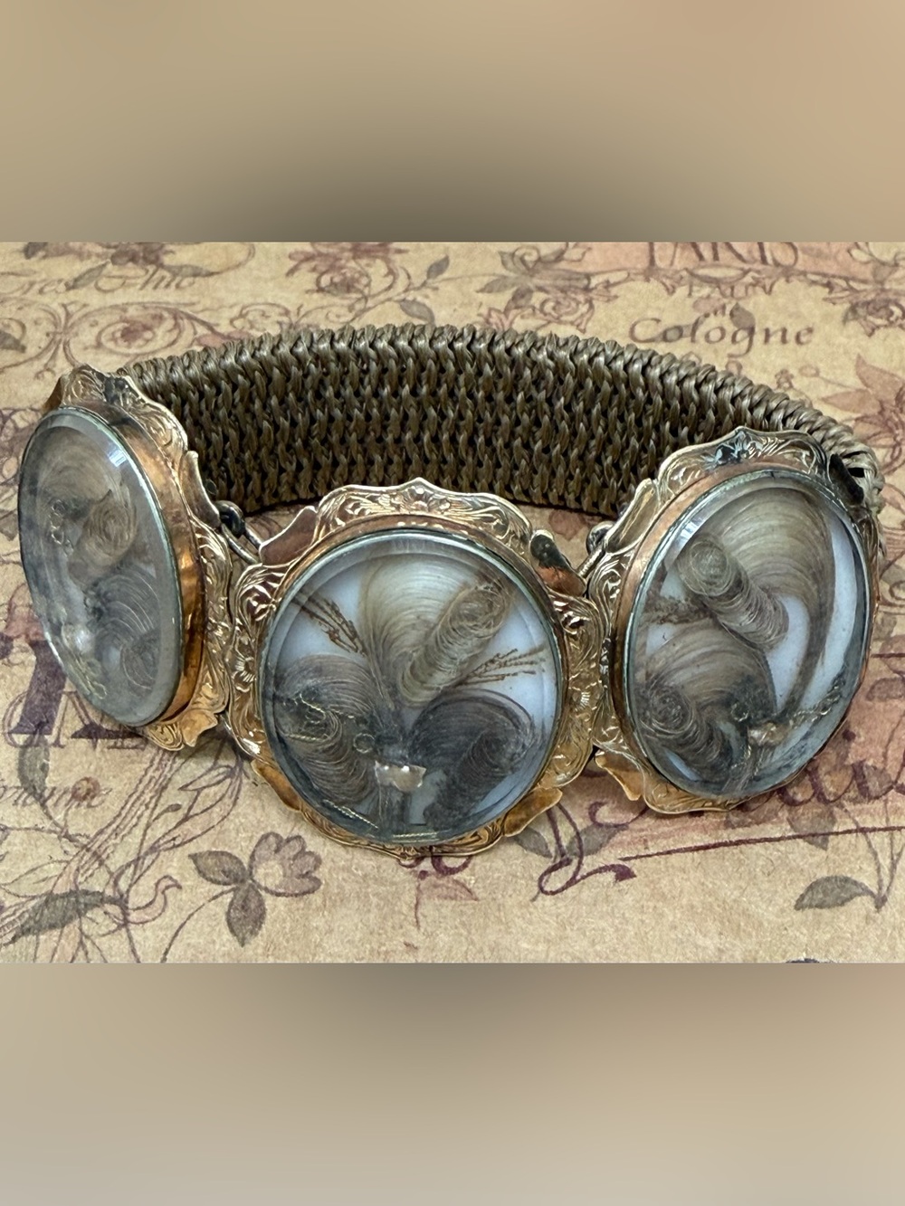 10K Gold Victorian Mourning Bracelet with Hair Band and 3 Hair Filled Lockets